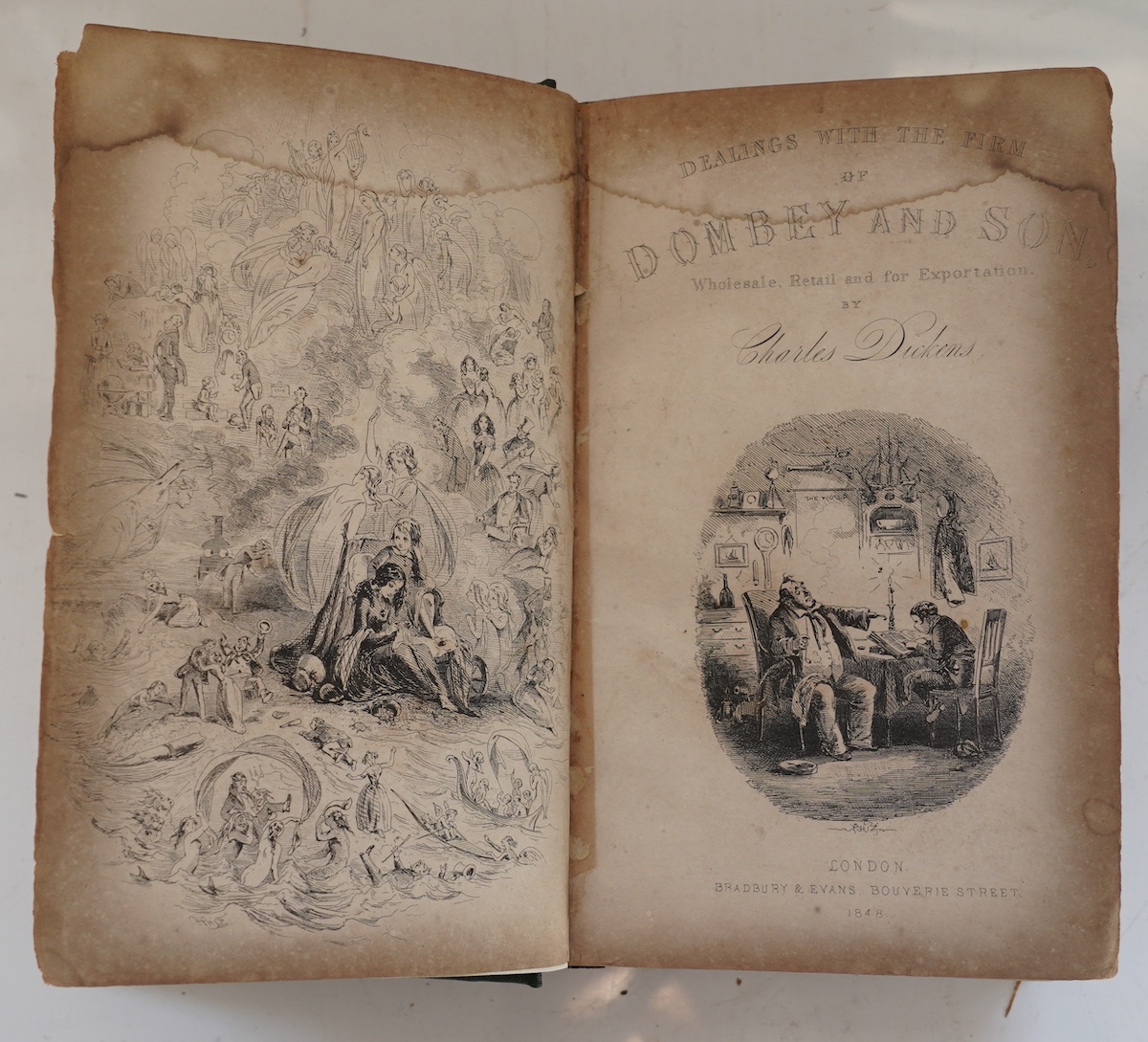 Dickens, Charles - Dombey and Son, 1st edition. engraved pictorial and printed titles, frontis. and 38 plates (by H.K. Browne) 2 errata slips tipped-in; newly rebound green cloth, gilt lettered on spine. 1853; Dickens, C